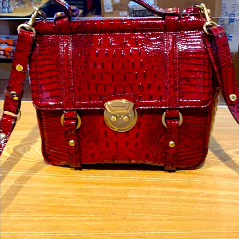 Brahmin Glossy Red Croc-Embossed Shoulder Bag with Gold Hardware